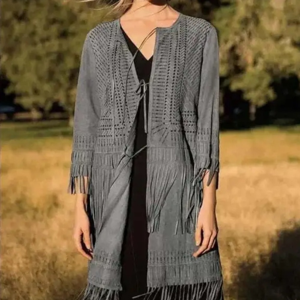 Elie Tahari Long Fringed Suede Coat Size Small 100% Lamb Suede